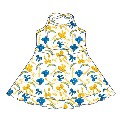( Moq 5 each style ) Baby Girl Toddler Team Yellow Blue Bows Sibling Skort Dress Set 6.4