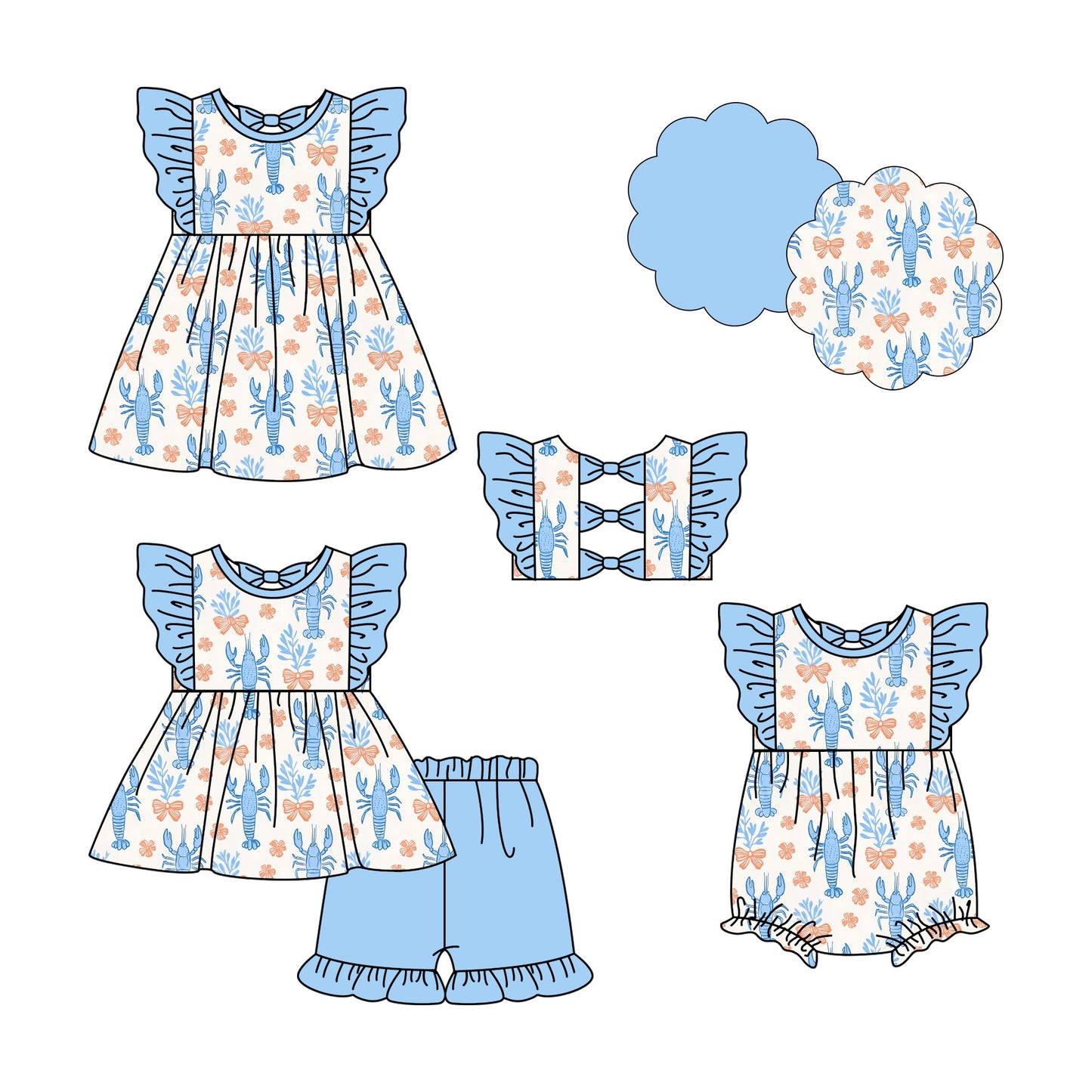 ( Moq 5 Each Style ) Baby Girl Short Sleeves Crawfish Bows Sibling Summer Romper Dress Set 4.23