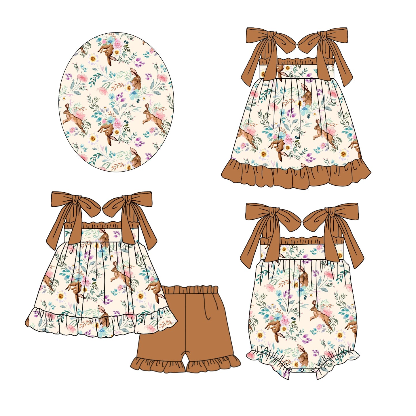 Baby Girl Straps Easter Flower Rabbits Sibling Dress Romper Set ( Moq 5 Each Style ) 12.17