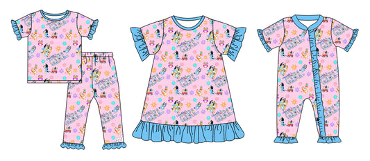 Daddy's Girl Short Sleeves Dogs Flower Sibling Romper Dress Clothes Set ( Moq 5 Each Design )12.3