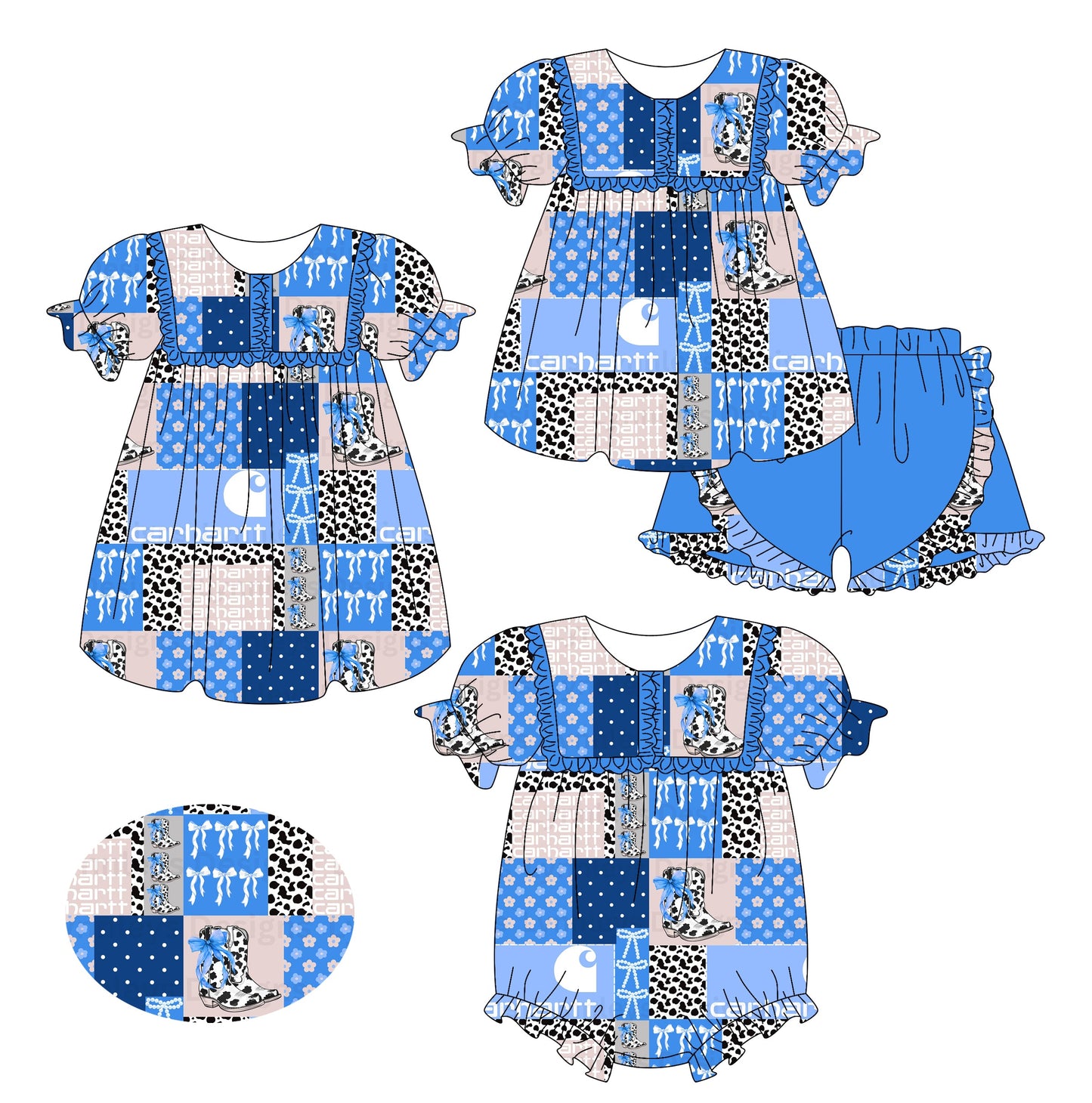 Baby Girl Bows Boots Blue Sibling Romper Dress Set ( Moq 5 Each Style ) 2.13
