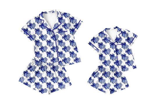 ( Moq 5 Each Style ) Baby Girl Adult Women Blue Bows Shirts Shorts Sibling Mommy And Me Family Pajamas Sets
