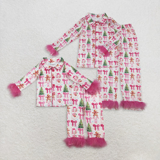 Sibling Girls Kids Adult Woman Bows Santa Gingerbread Pajamas Mama and Me Family Christmas Set RTS