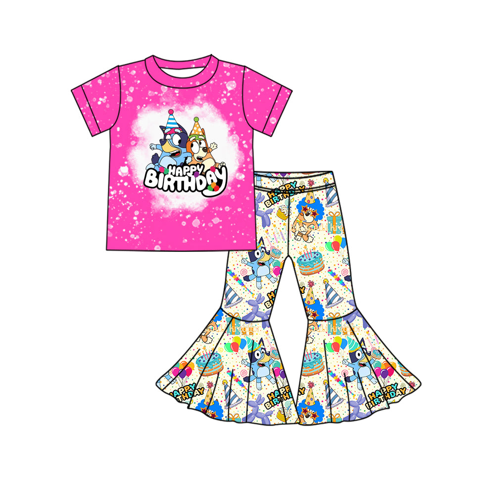 Baby Girl Pink Short Sleeves Dogs Shirt Bell Pants Birthday Set Moq 5