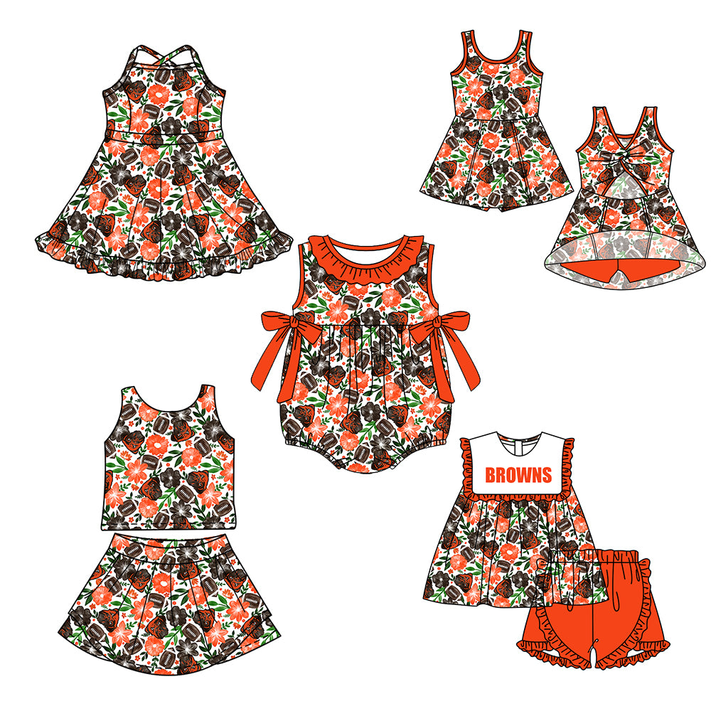 ( Moq 5 Each Style ) Baby Girls Kids Sleeveless Football Flower Dogs Bows Sibling Romper Dresses Sets