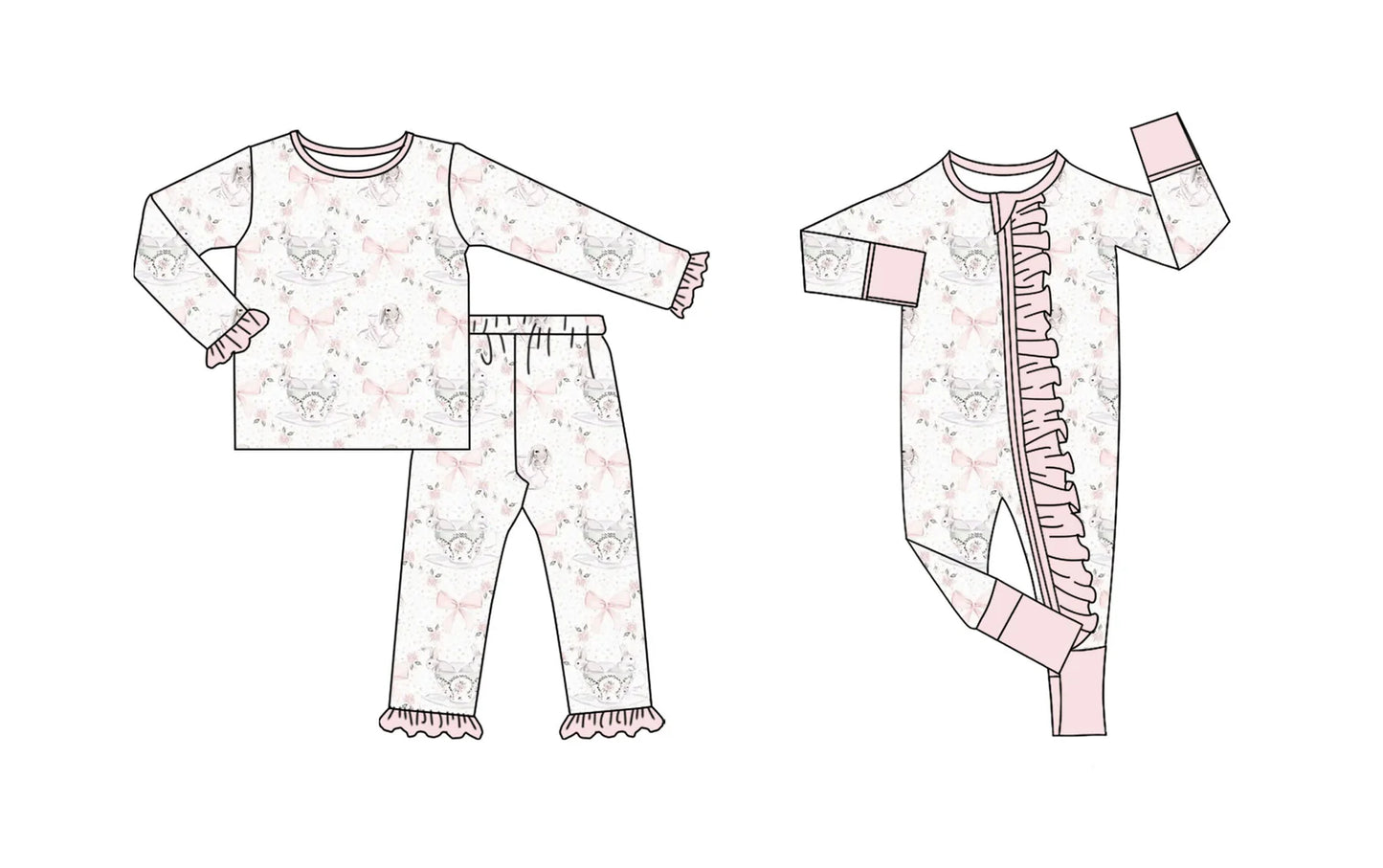 ( Moq 5 Each Style ) Baby Girls Kids Long Sleeves Rabbits Pink Bows Sibling Easter Zipper Romper Set
