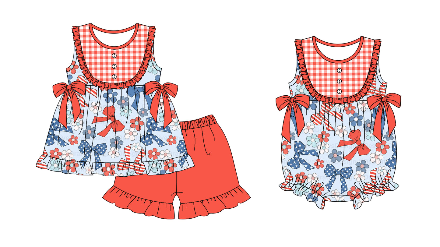 Baby Girl July 4th Bows Flower Sibling Romper Clothes Set ( Moq 5 Each Design )11.21