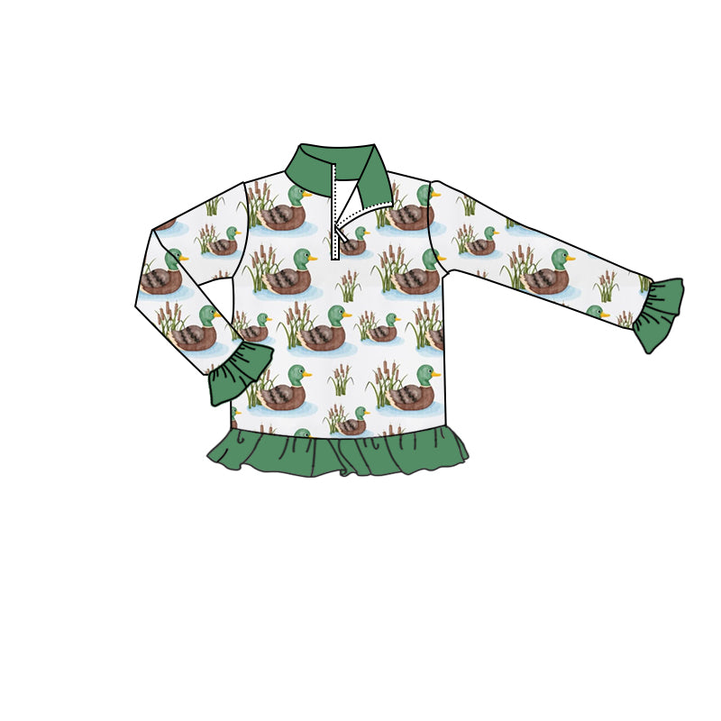 Baby Girl Long Sleeves Ducks Green Zipper Shirt