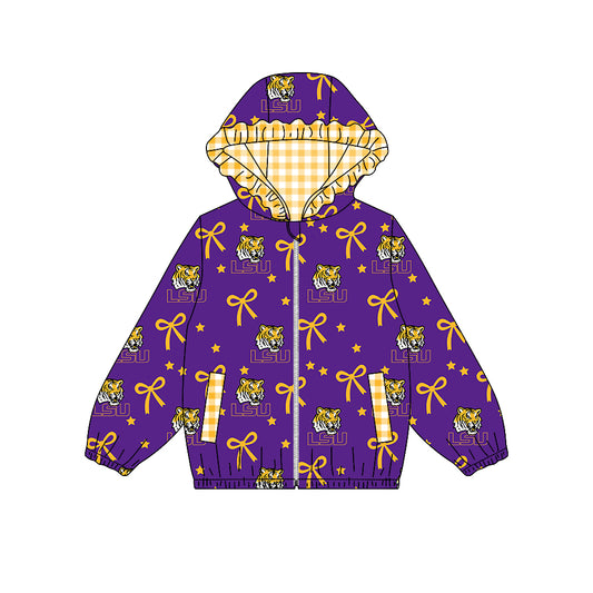 ( Moq 5 ) Custom Baby Girl Kids Bows Pockets Zipper Ruffle Hoodie Purple Coat Team Tops