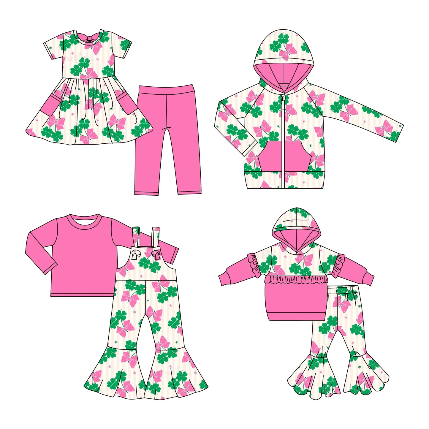 ( Moq 5 Each Style ) Baby Girls Clovers Bows St. Patrick's Day Sibling Hoodie Shirt Sets