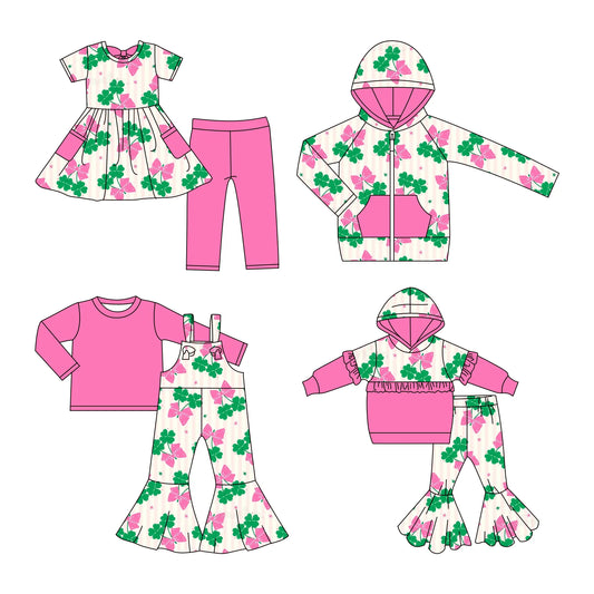 ( Moq 5 Each Style ) Baby Girls Clovers Bows St. Patrick's Day Sibling Hoodie Shirt Sets