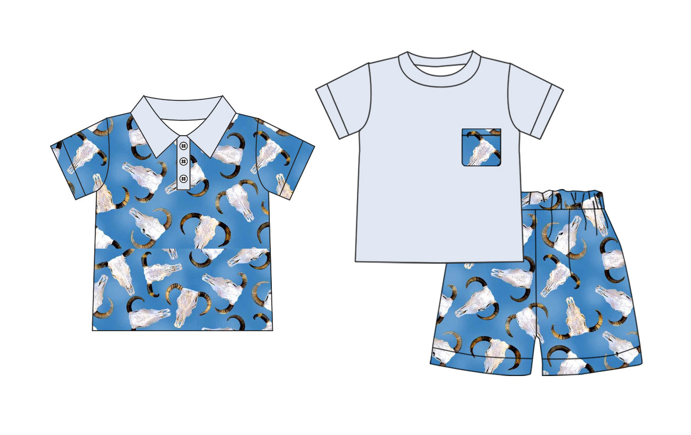 Baby Boy Short Sleeves Western Cow Blue Sibling Shirt Set ( Moq 5 Each Style ) 3.13