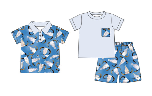 Baby Boy Short Sleeves Western Cow Blue Sibling Shirt Set ( Moq 5 Each Style ) 3.13