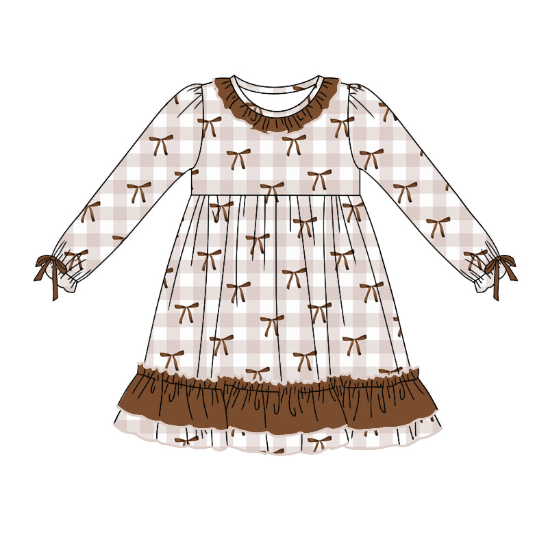 Baby Girl Long Sleeves Bows Plaid Brown Dress