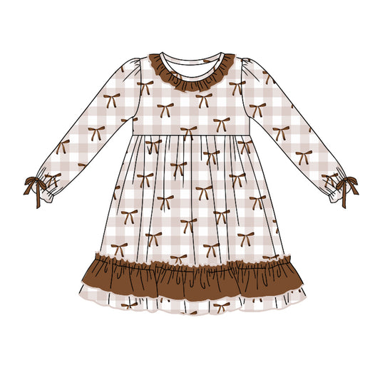 Baby Girl Long Sleeves Bows Plaid Brown Dress