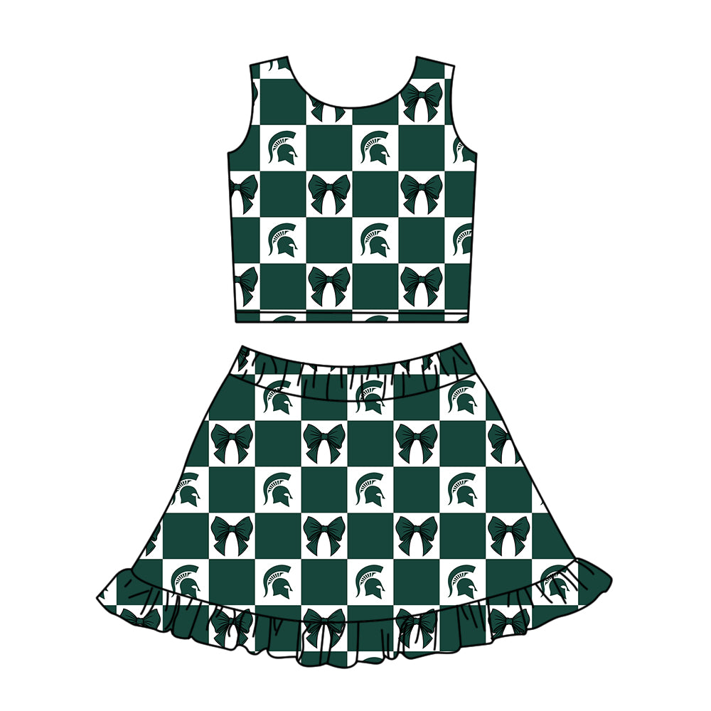 ( Moq 5 ) Baby Girls Kids Toddler Bows Green Plaid Tops Shorts Ruffle Skirt Team Set