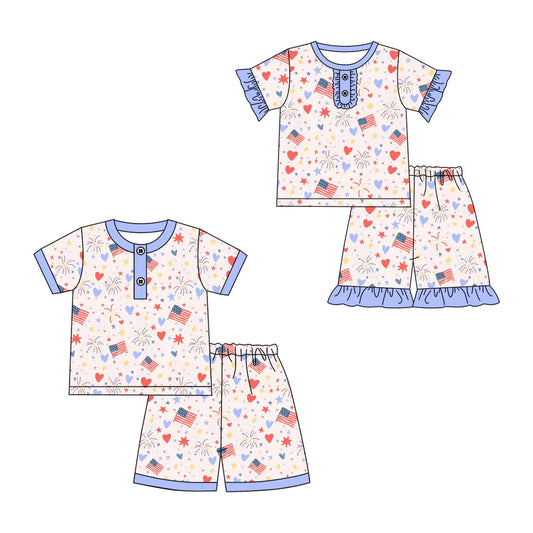 ( Moq 5 Each Style ) Baby Boys Girls Short Sleeves Flags Stars Hearts Sibling 4th of July Sets