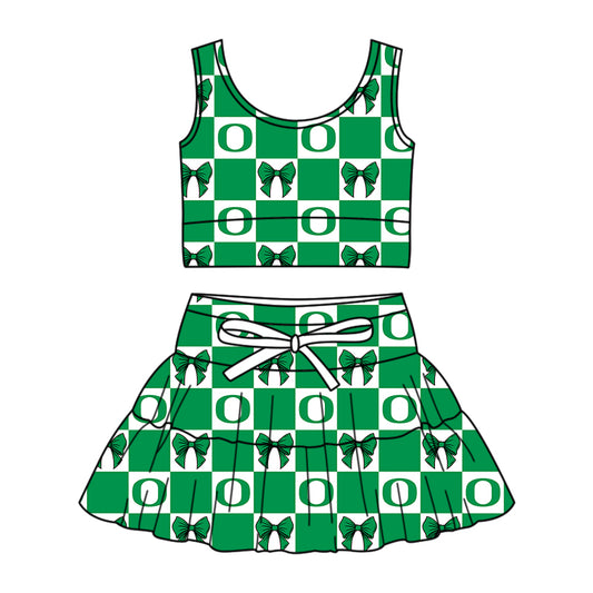 ( Moq 5 ) Baby Girls Kids Sleeveless Green Bows Checked Tops Shorts Skirt Team Set