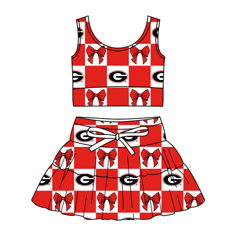 ( Moq 5 Each Style ) Baby Girls Kids Toddler Sleeveless Red Bows G Plaid Tops Shorts Skirt Team Set