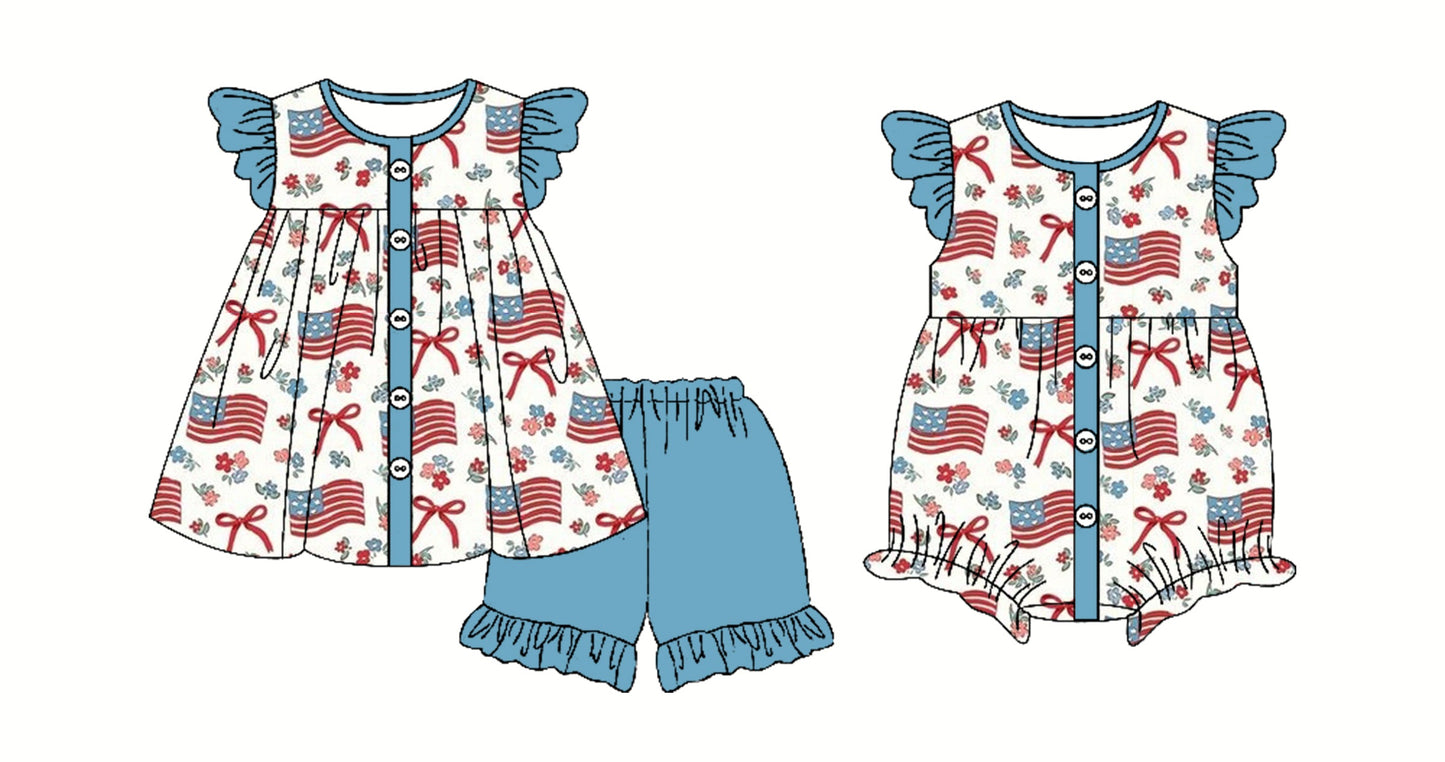 Baby Girl July 4th Flags Bows Sibling Romper Set ( Moq 5 Each Style ) 3.3