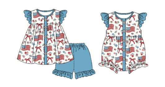 Baby Girl July 4th Flags Bows Sibling Romper Set ( Moq 5 Each Style ) 3.3
