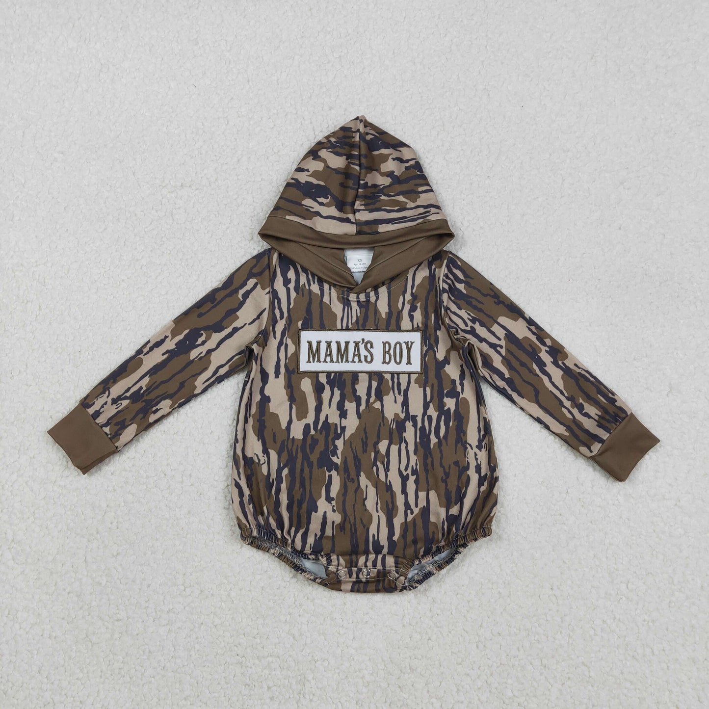 Baby Boys Long Sleeves Embroidery Mama's Boy Hoodie Camo Brown Bubble Romper RTS