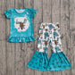 Baby Girls Kids Green Short Sleeves Shirt Western Cow Bell Pants Set RTS