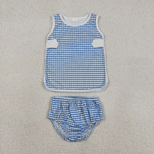 Baby Boys Kids Blue Plaid Tops Bummie Shorts Set Summer Clothes RTS