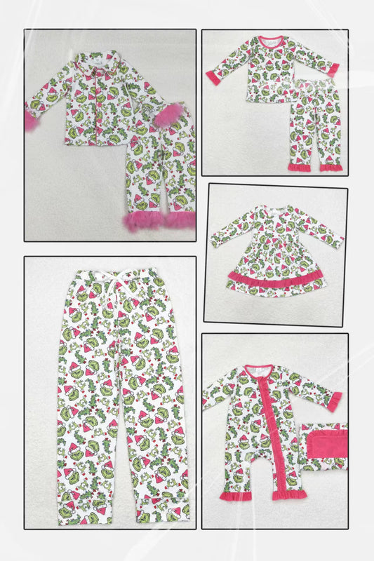 Boys Girls Adult Family Christmas Green Face Sibling Dress Romper Set Kids Pajamas RTS