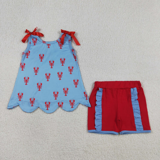 Baby Girls Kids Bows Sleeveless Crayfish Tops Ruffle Shorts 4th of July Clothes Set RTS