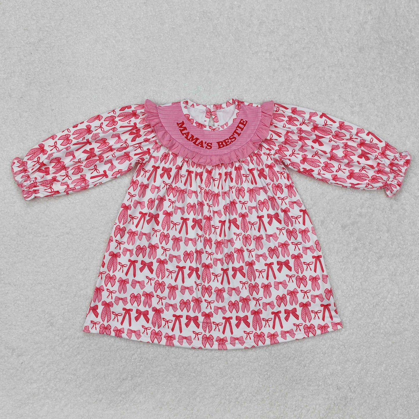 Baby Girl Long Sleeves Mama's Bestie Smocked Embroidery Knee Length Dress