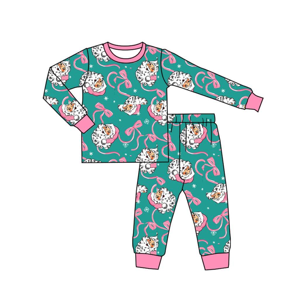 ( Moq 5 ) Preorder Baby Girls Kids Long Sleeves Christmas Santa Bows Shirt Pants Set Pajamas Clothes