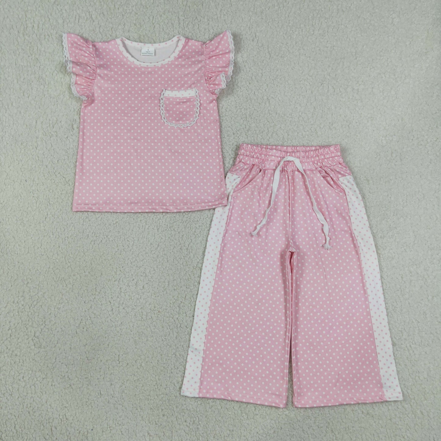 Baby Girl Kids Short Sleeves Pocket Shirt Dots Pants Pink Set Clothes RTS