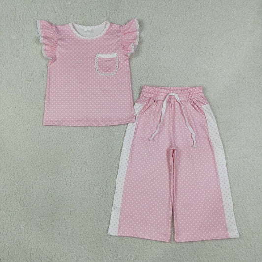 Baby Girl Kids Short Sleeves Pocket Shirt Dots Pants Pink Set Clothes RTS