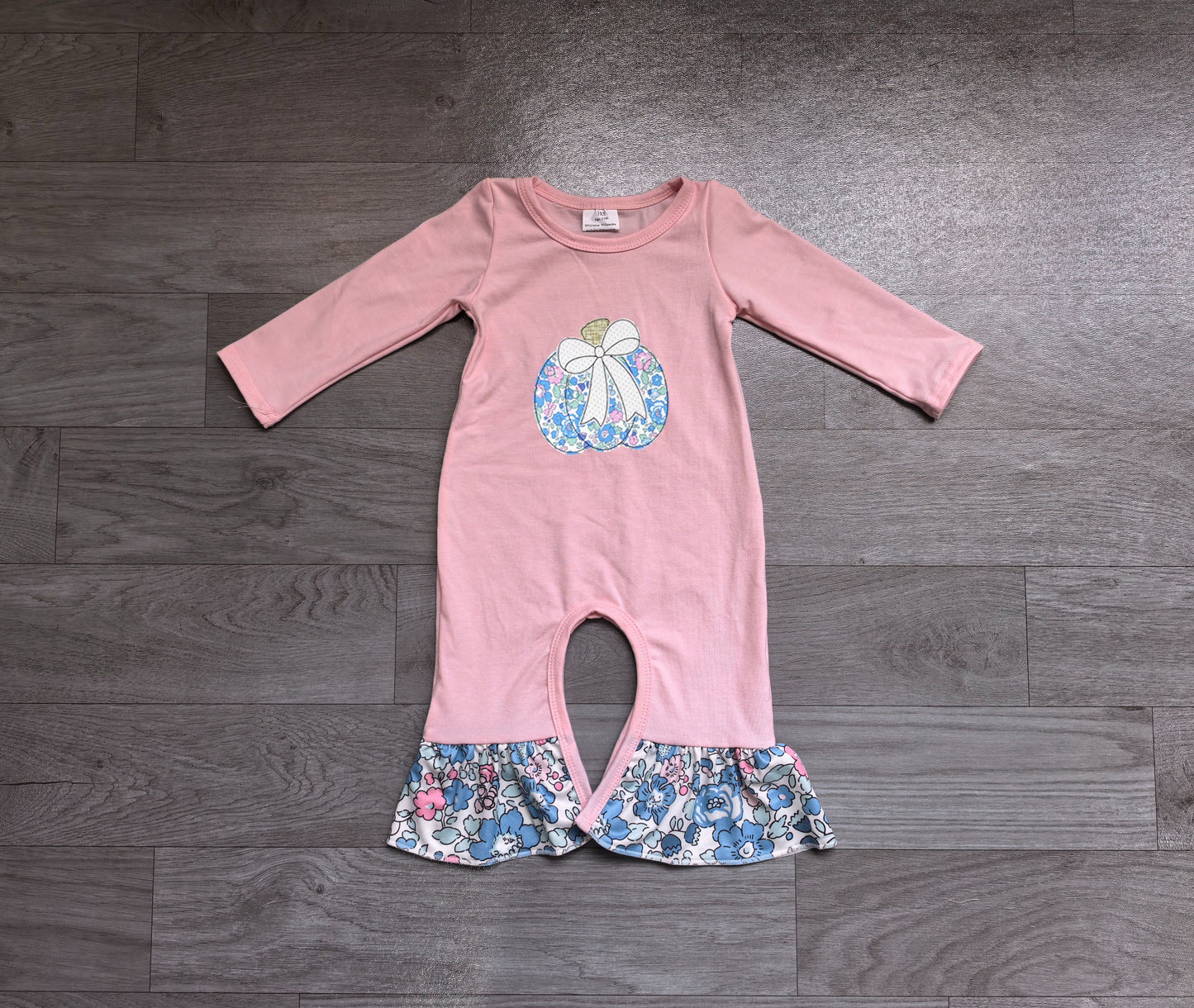 ( No moq ) Preorder Baby Girls Infant Embroidery Pumpkin Bow Flower Ruffle Fall Romper