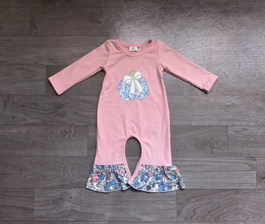 ( No moq ) Preorder Baby Girls Infant Embroidery Pumpkin Bow Flower Ruffle Fall Romper
