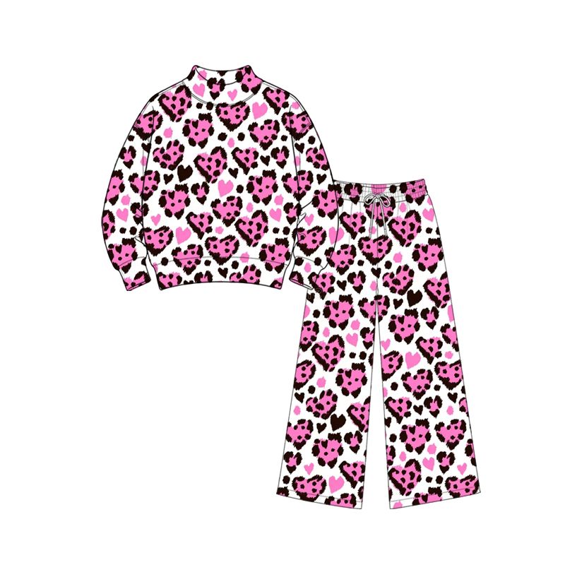 ( Moq 5 ) Preorder Baby Girls Kids Long Sleeves Hearts Leopard Shirt Pants Set Valentine Clothes