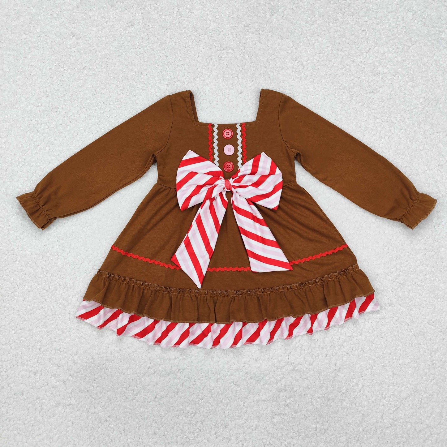 Baby Girl Long Sleeves Brown Gingerbread Bow Christmas Dress