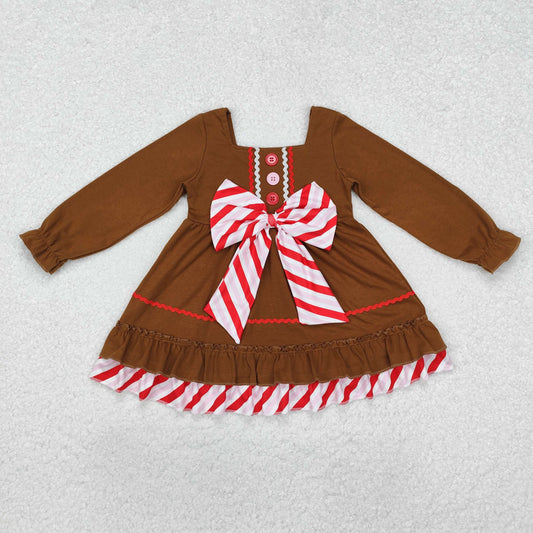 Baby Girl Long Sleeves Brown Gingerbread Bow Christmas Dress