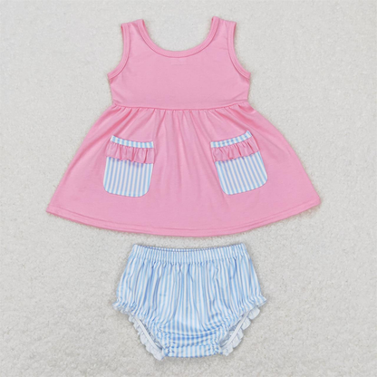 GBO0226 Easter Baby Girl Sleeveless Pocket Pink Tunic Blue Stripes Bummie Shorts Set