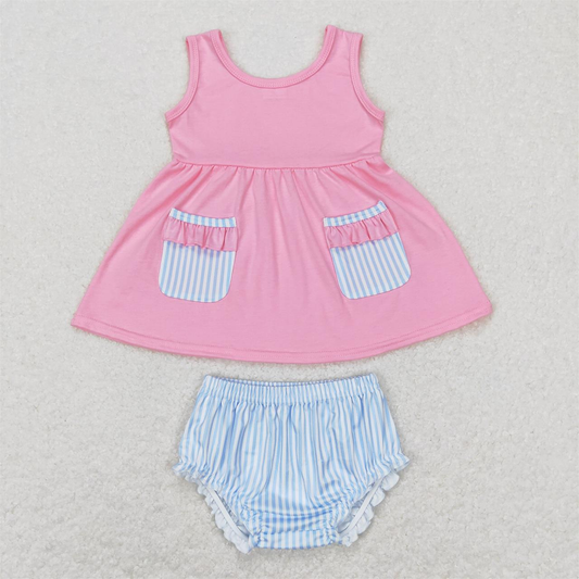 GBO0226 Easter Baby Girl Sleeveless Pocket Pink Tunic Blue Stripes Bummie Shorts Set