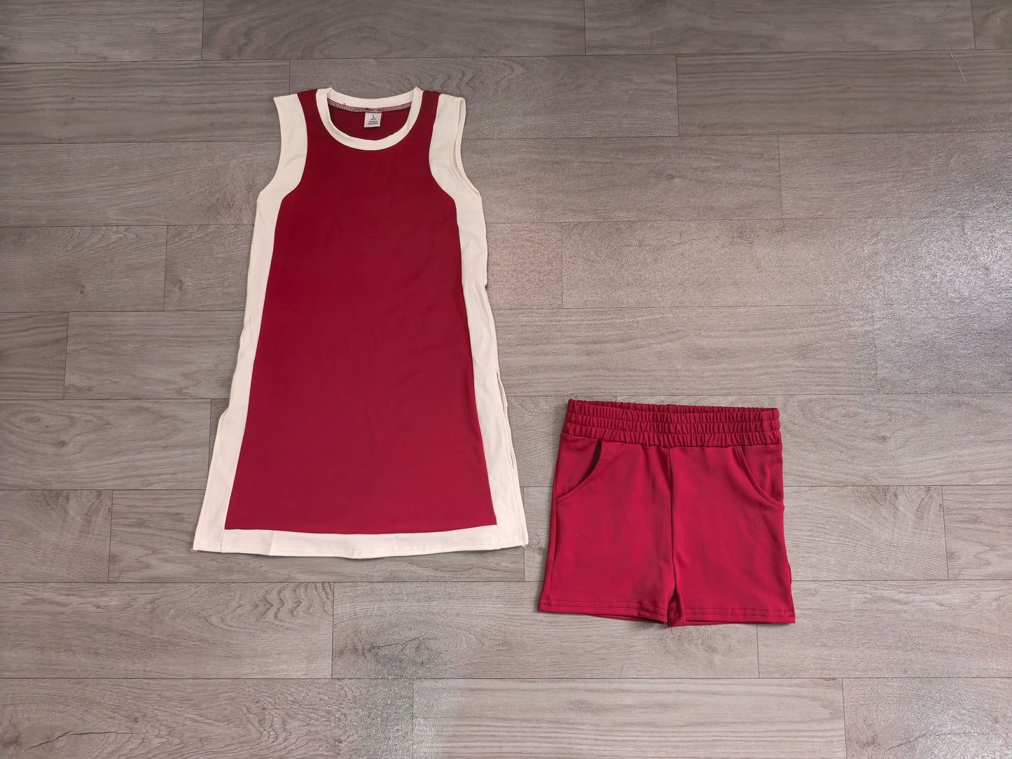 ( No moq ) Preorder Baby Girls Kids Sleeveless Tops Dark Red Pockets Shorts Set Yoga Clothes