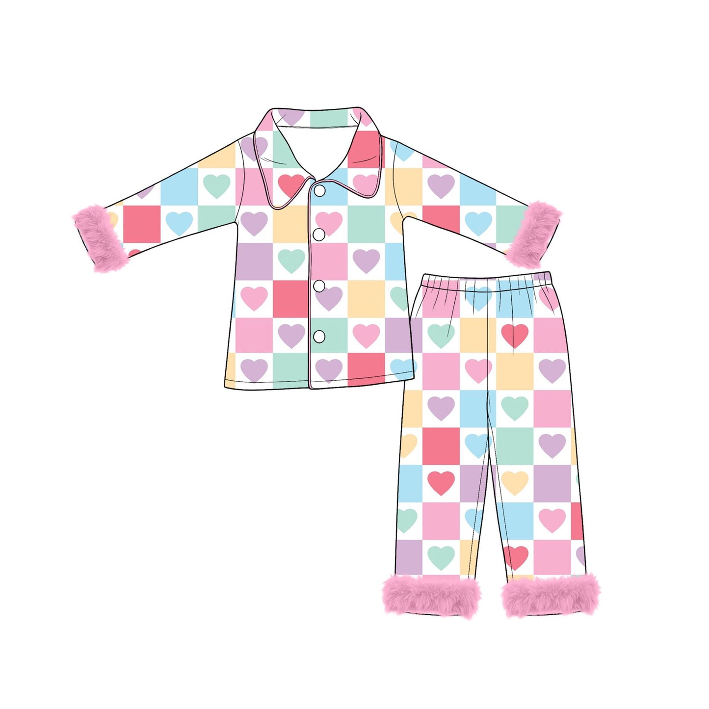 ( Moq 5 ) Preorder Baby Girls Kids Valentine Hearts Checked Fur Buttons Shirt Pants Pajamas Set Clothes