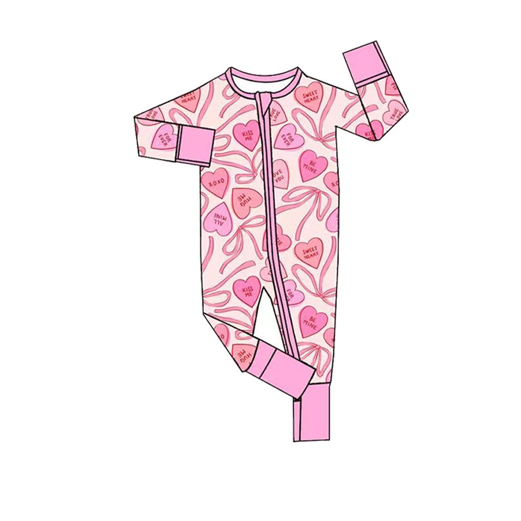 ( Moq 5 ) Preorder Baby Girls Kids Long Sleeves Hearts Bows Zipper Footie Romper Valentine Clothes