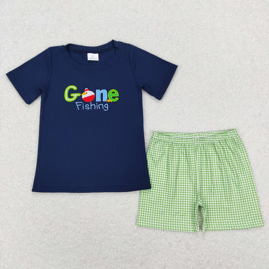 BSSO0395 Baby Boy Short Sleeves Embroidery Gone Fishing Shirt Plaid Green Shorts Summer Set