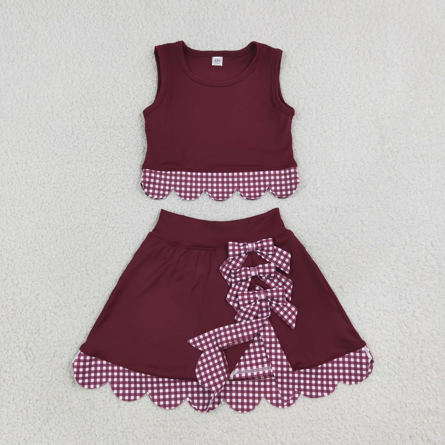 Baby Girls Kids Dark Red Vest Plaid Bows Scallop Bows Skirt Shorts Yoga Active Set Clothes RTS