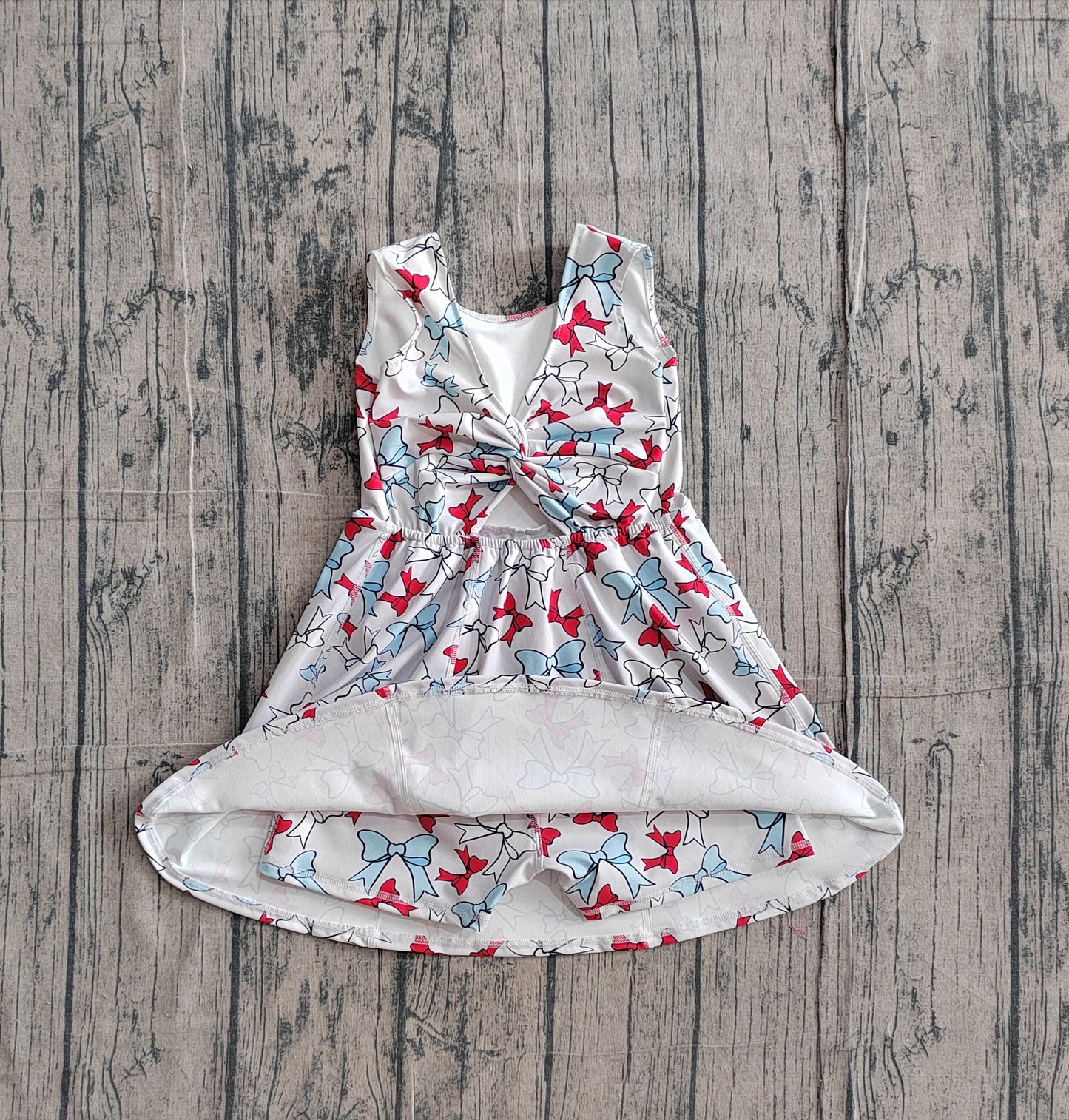 Baby Girls Toddler Red Blue Bows 4th of July Yoga Active Shorts Knee Length Dress RTS
