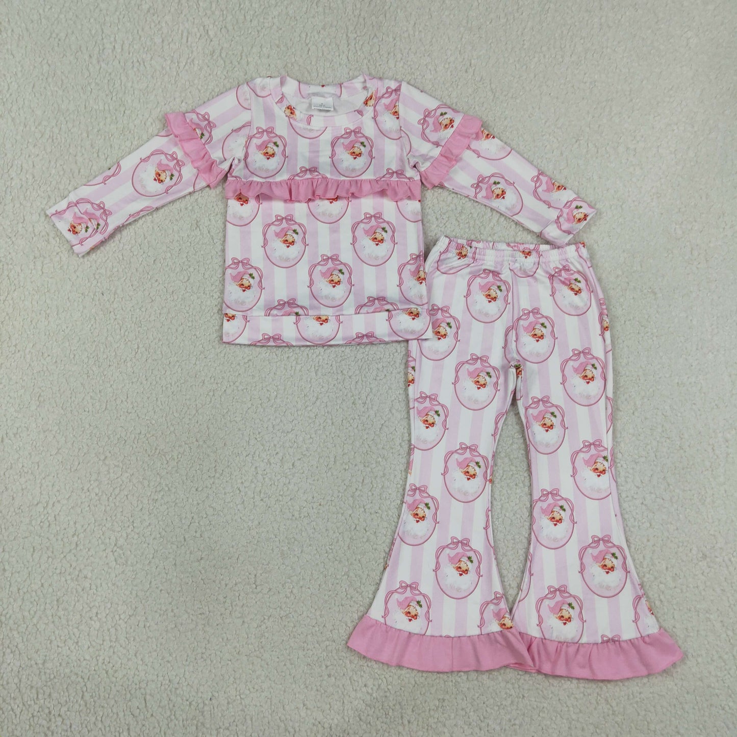 Baby Girls Kids Christmas Santa Bows Ruffle Shirt Bell Pants Pink Set Clothes RTS