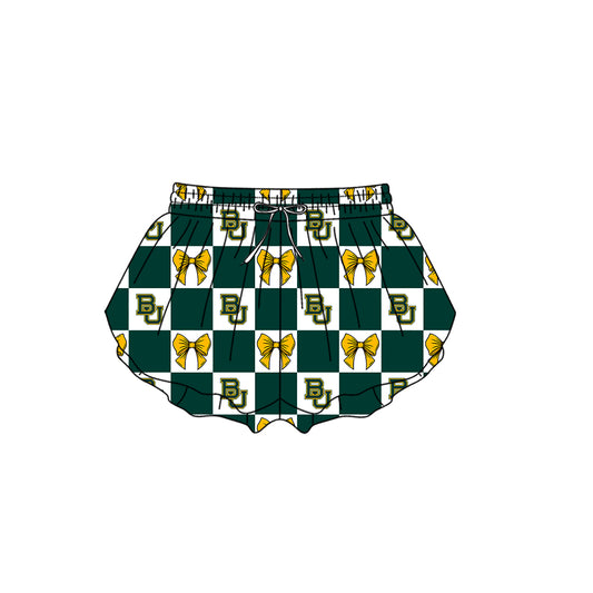 ( Moq 5 ) Kids Girls Adult Women BU Bows Green Checked Team Shorts Sibling Mom and Me Yoga Clothes