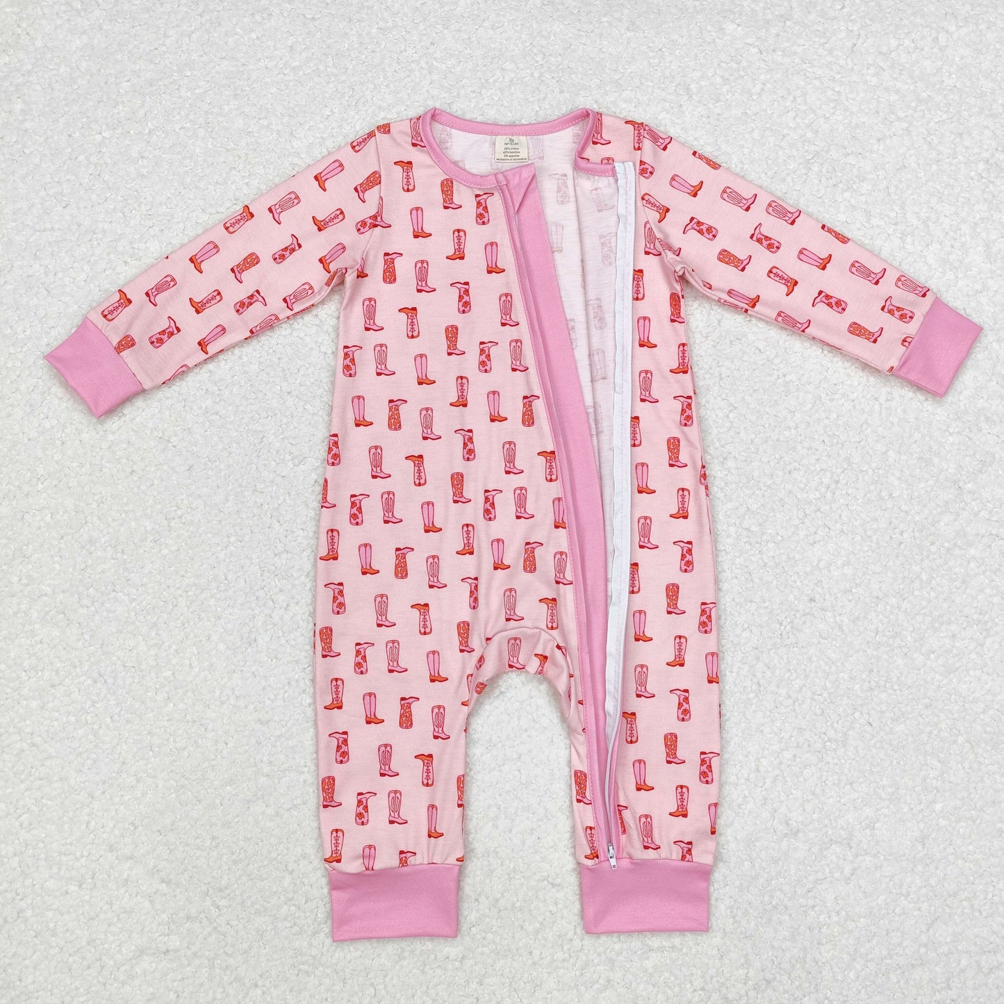 Baby Girl Infant Long Sleeves Western Boots Pink Zipper Bamboo Romper